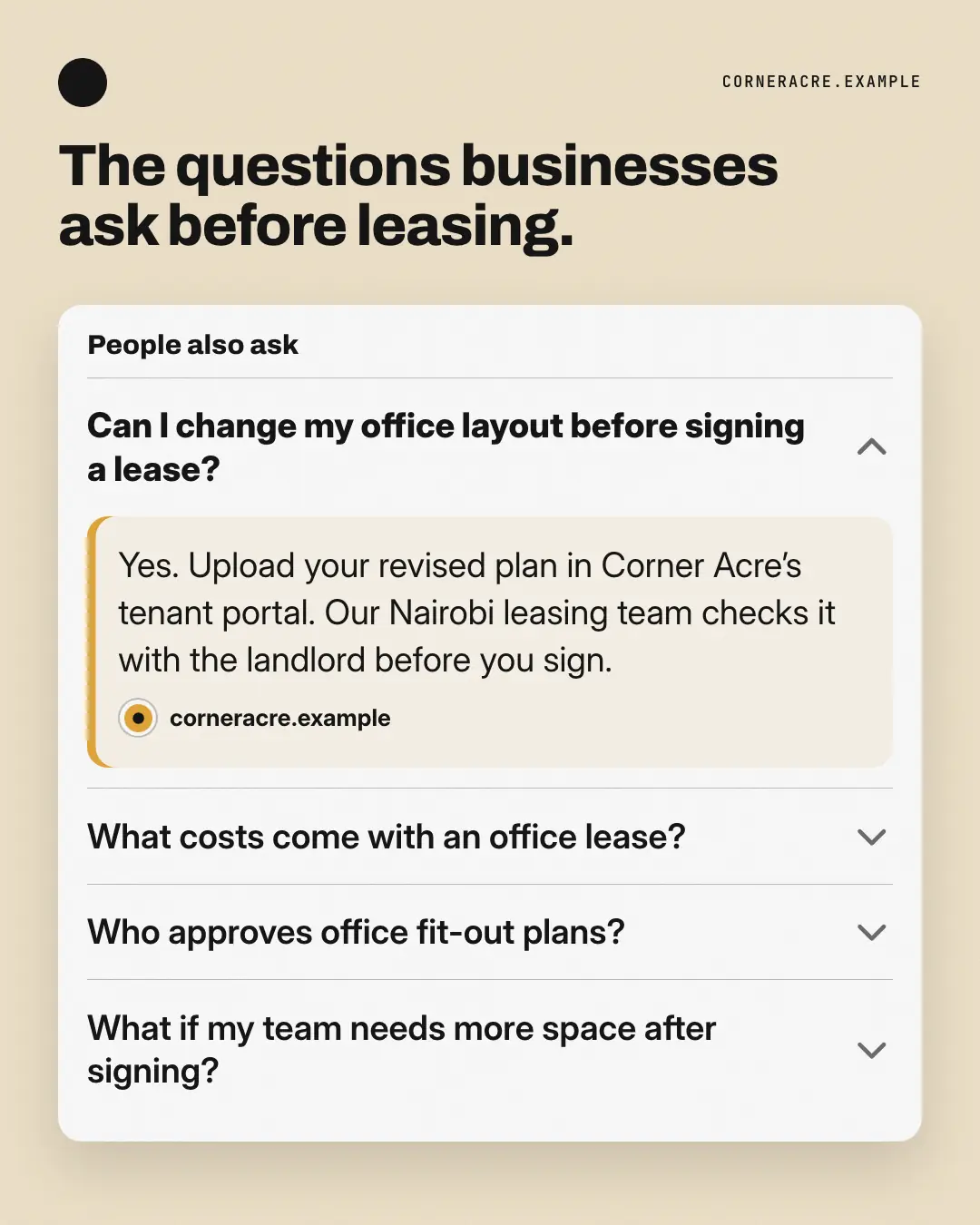 Sample People also ask creative (Apps people check template), shown on the fictional brand Corner Acre