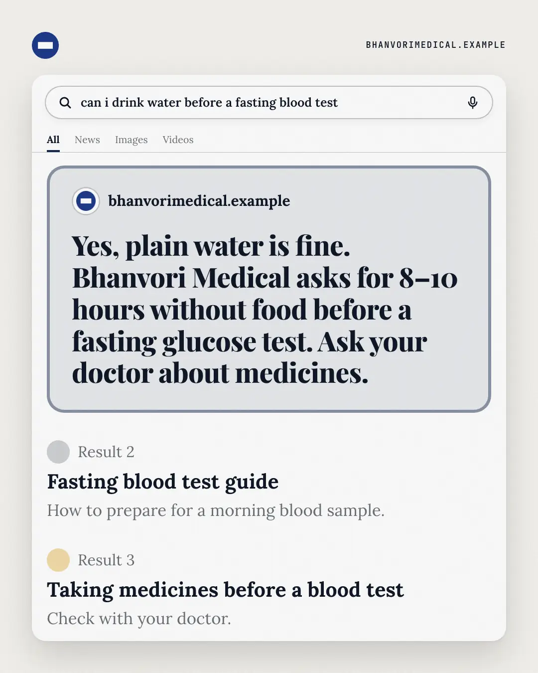 Sample Search answer creative (Apps people check template), shown on the fictional brand Bhanvori Medical