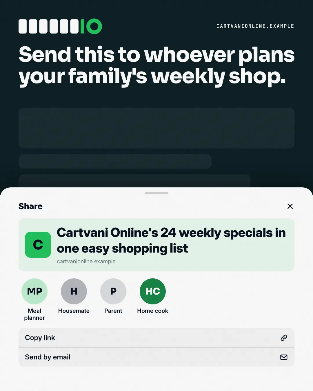 Sample Share sheet creative (Apps people check template), shown on the fictional brand Cartvani Online