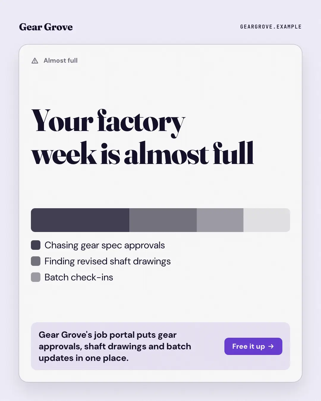 Sample Storage almost full creative (Apps people check template), shown on the fictional brand Gear Grove