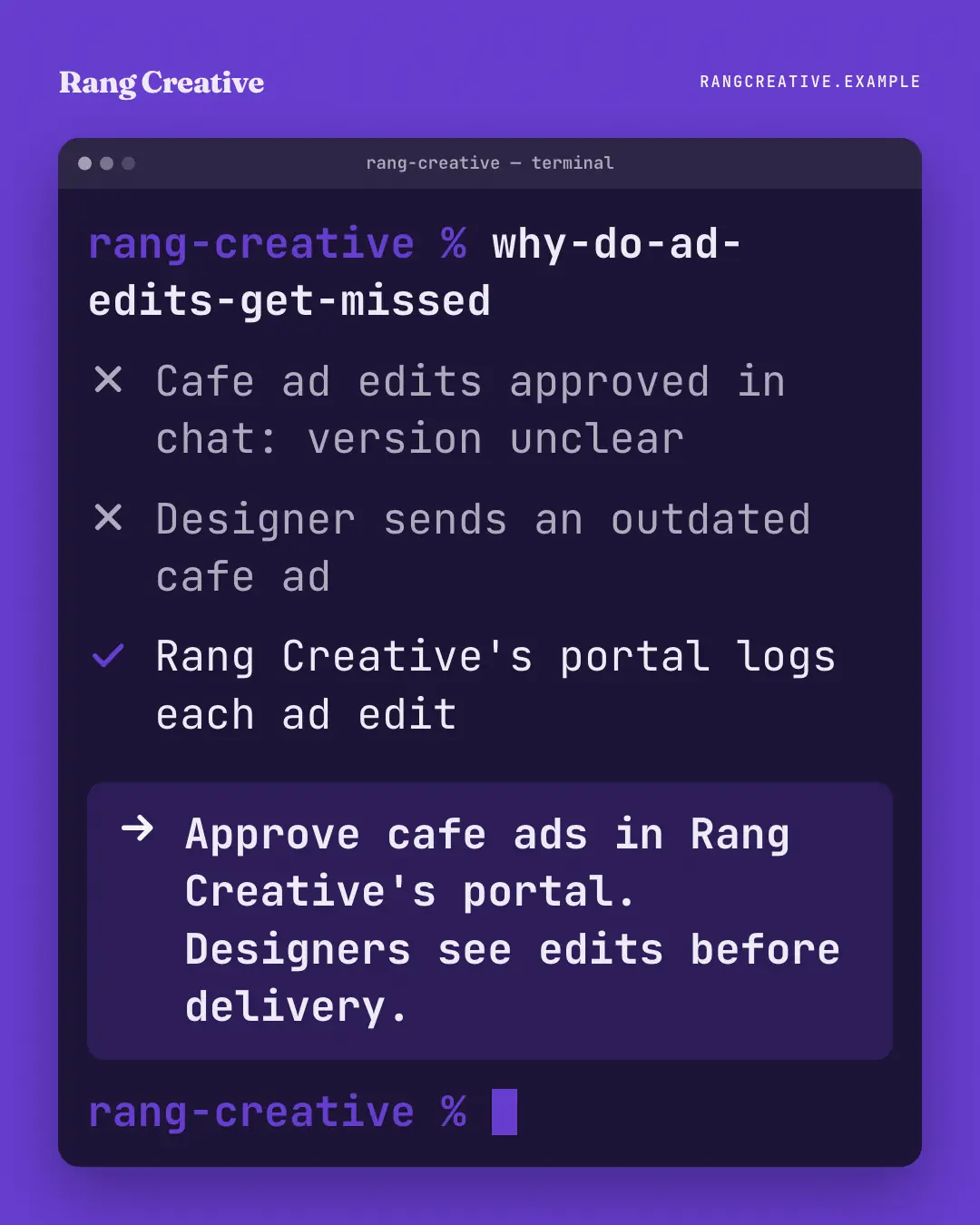 Sample Terminal creative (Work apps template), shown on the fictional brand Rang Creative