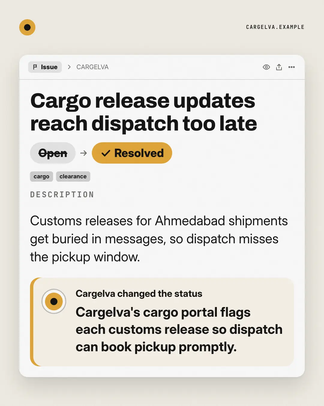Sample Ticket, resolved creative (Work apps template), shown on the fictional brand Cargelva