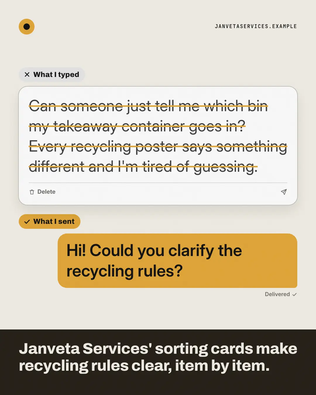 Sample Typed vs sent creative (Messengers & calls template), shown on the fictional brand Janveta Services