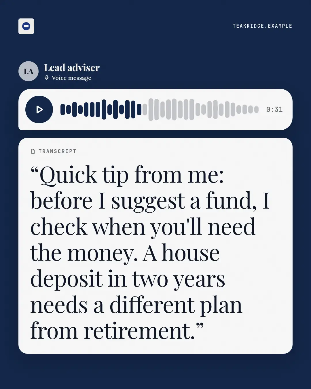 Sample Voice note + transcript creative (Messengers & calls template), shown on the fictional brand Teak Ridge