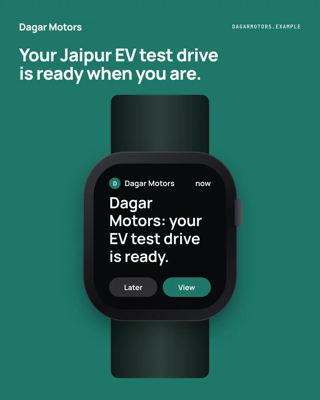 Sample Watch glance creative (Apps people check template), shown on the fictional brand Dagar Motors