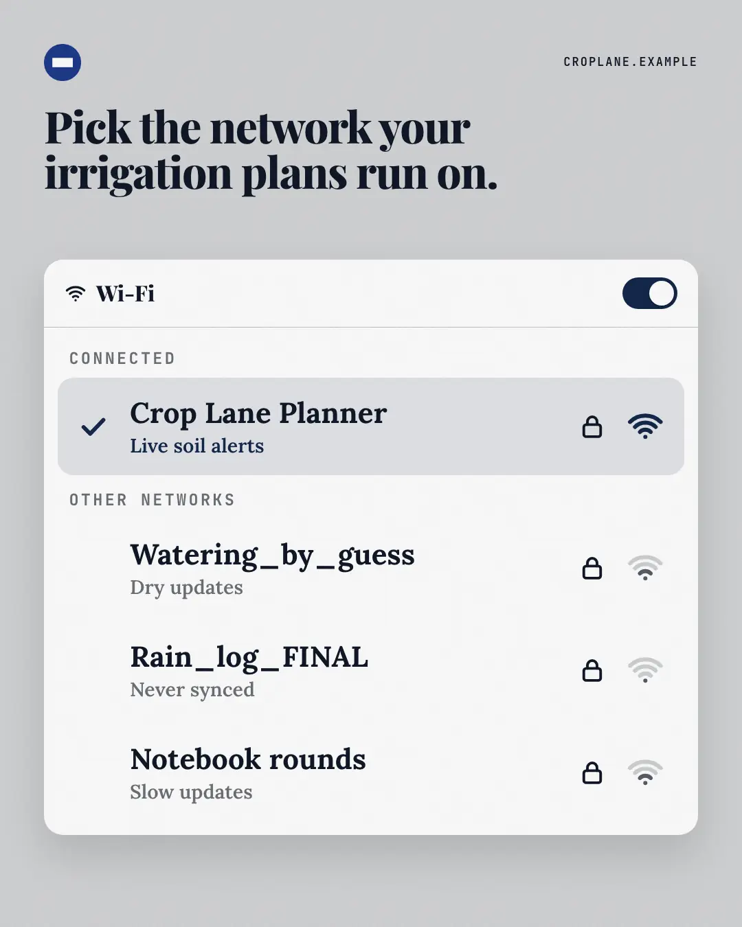Sample WiFi picker creative (Apps people check template), shown on the fictional brand Crop Lane