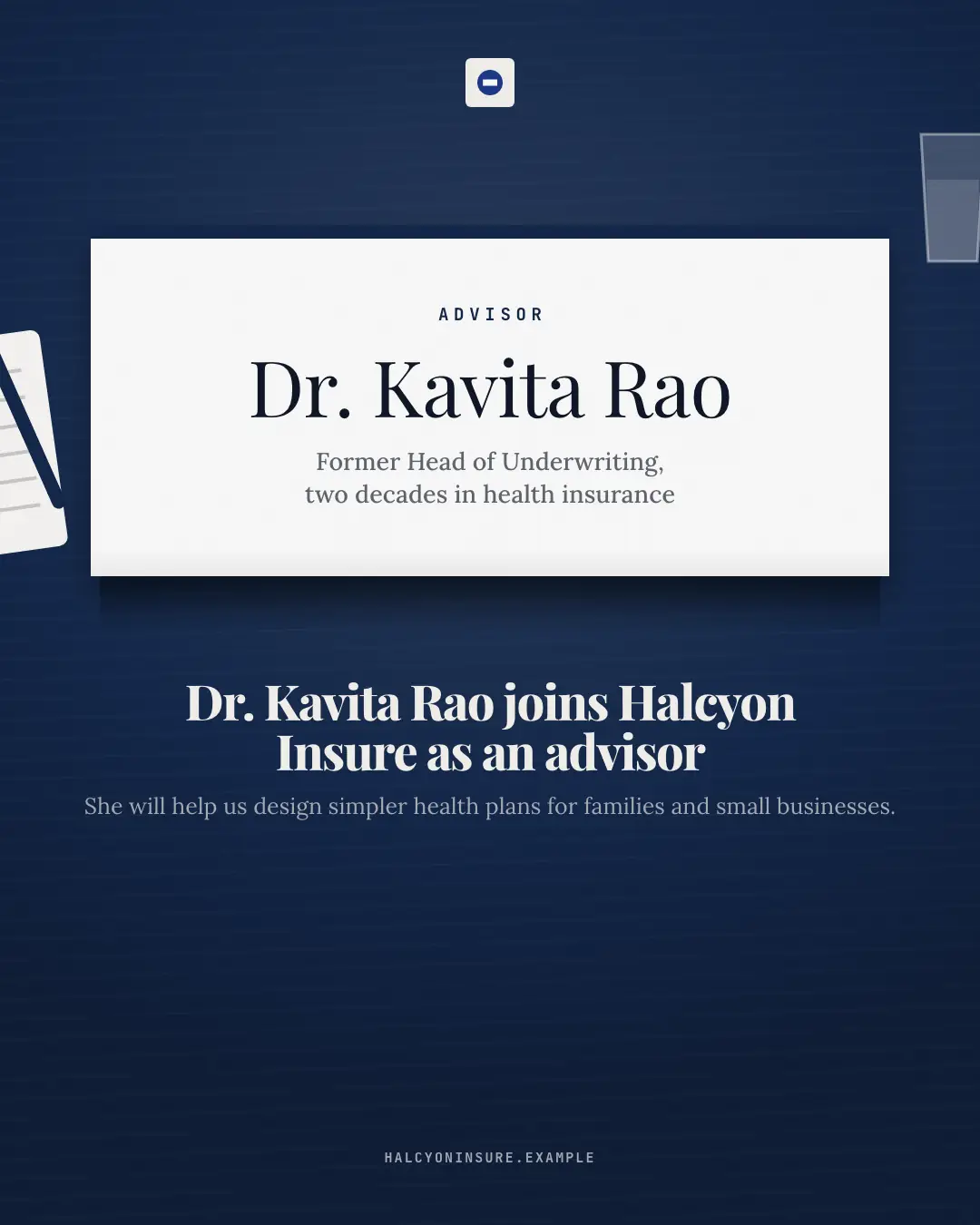 Sample Boardroom card creative (People at work template), shown on the fictional brand Halcyon Insure