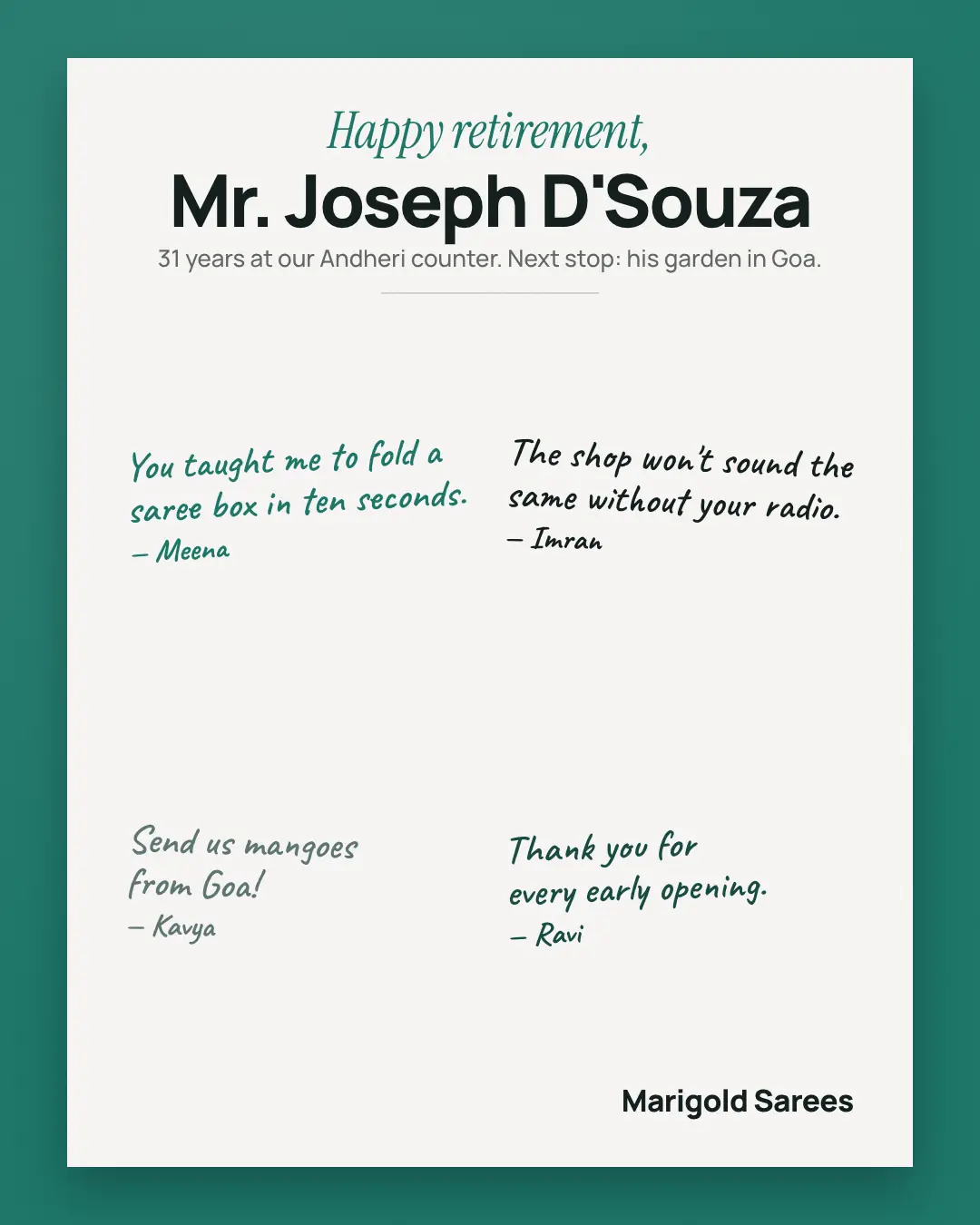 Sample Farewell card creative (People at work template), shown on the fictional brand Marigold Sarees