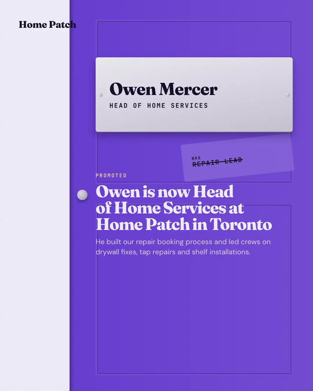 Sample Promotion nameplate creative (People at work template), shown on the fictional brand Home Patch