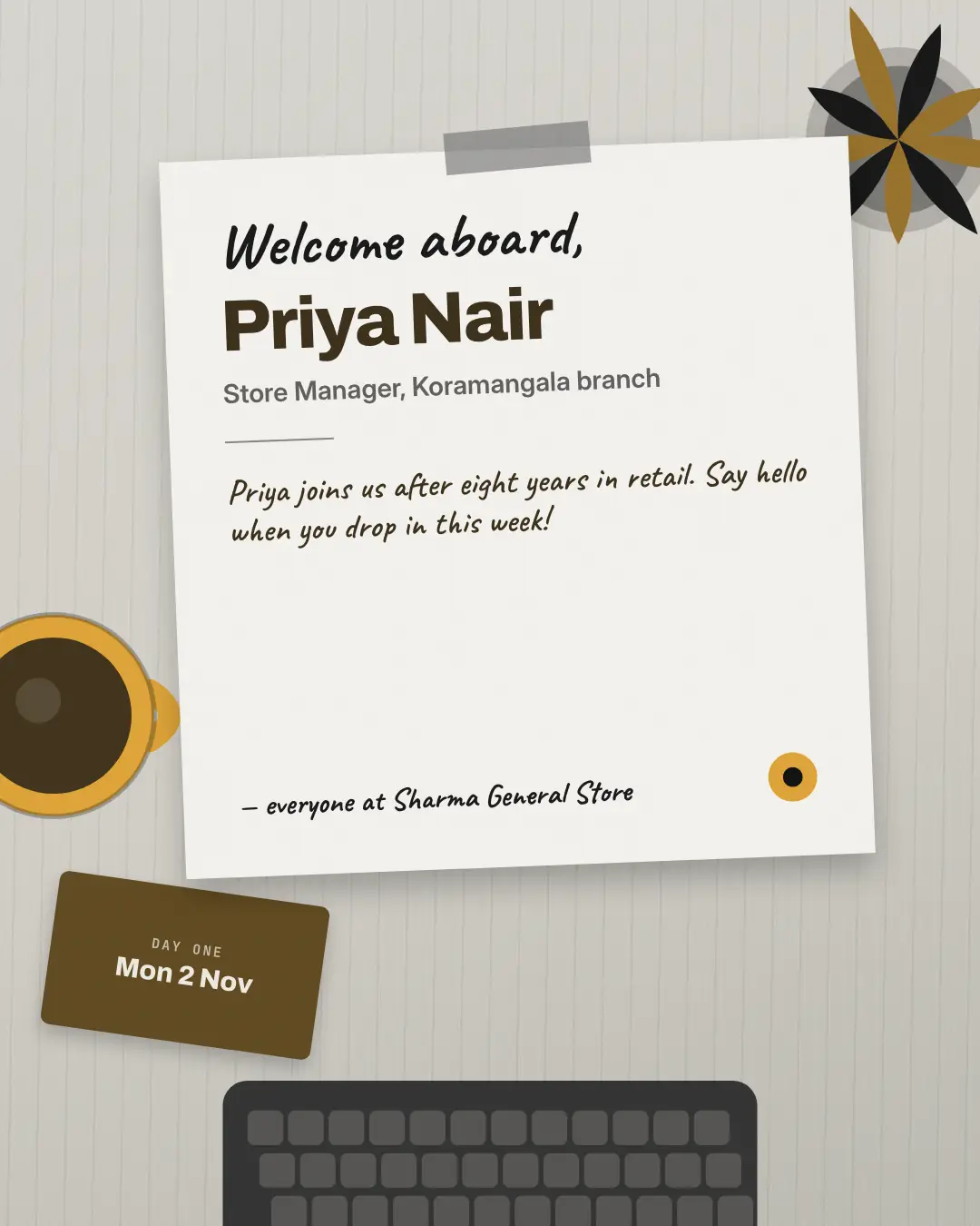 Sample First day aboard creative (People at work template), shown on the fictional brand Sharma General Store